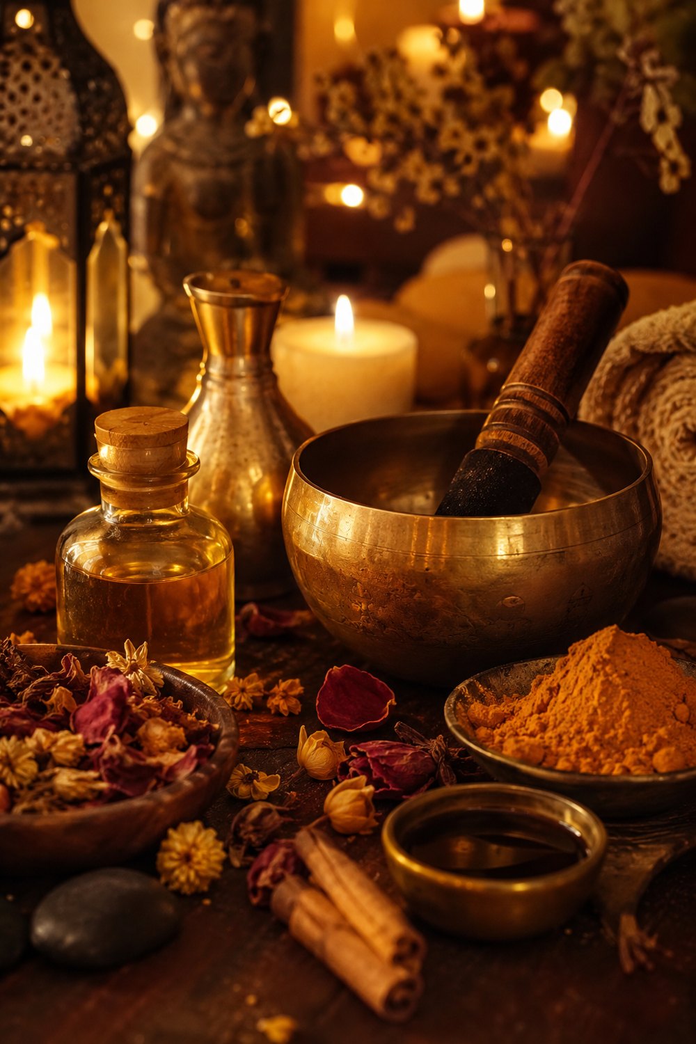 Ambiance d un soin ayurvedique : bol en bronze, huile, bougies et epices, institut Coeuroline a La Seyne-sur-Mer