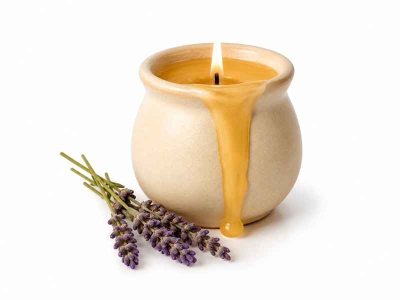 Bougie de massage en céramique crème et brins de lavande