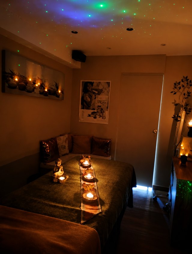 Cabine de massage cocooning, lumière tamisée et bougies, chez Coeuroline à La Seyne-sur-Mer