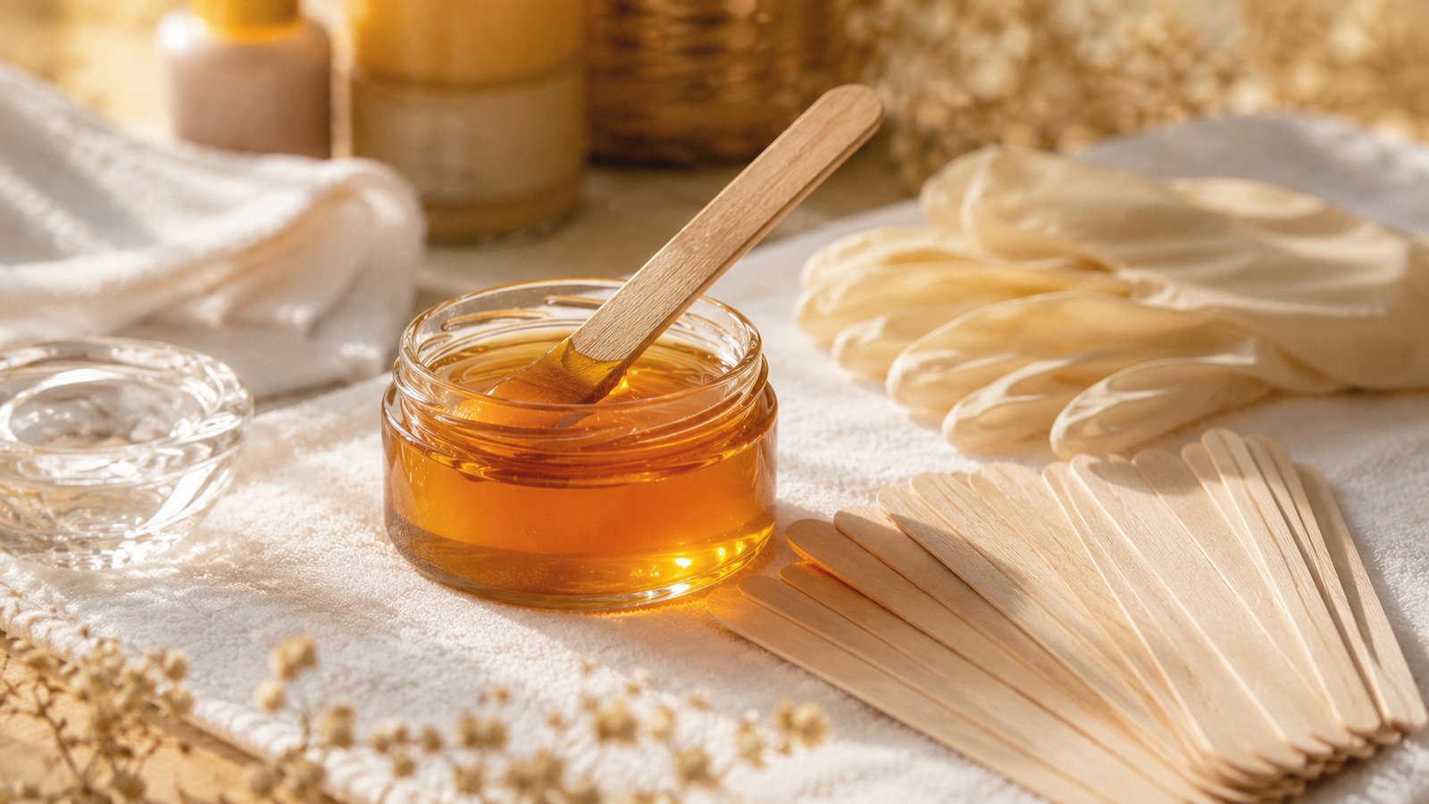 Pot de cire au miel et spatules en bois à usage unique posés sur une serviette blanche