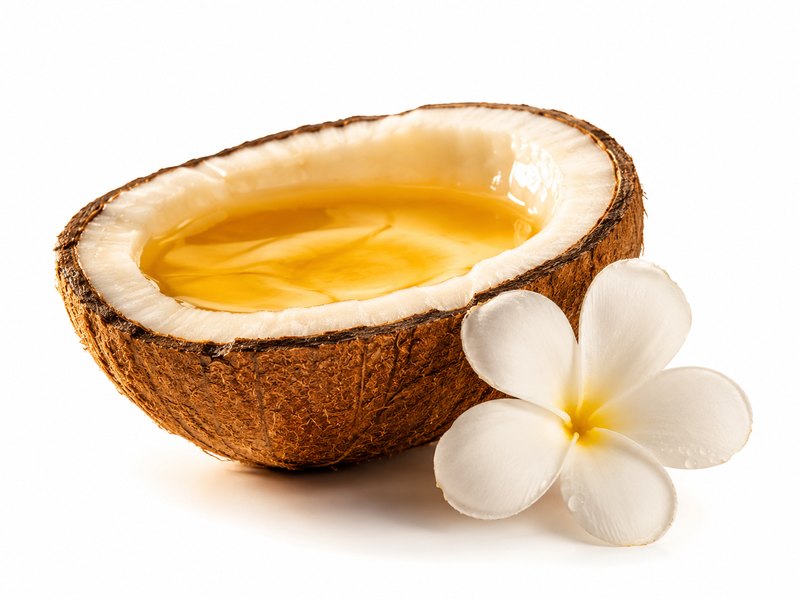 Demi-noix de coco remplie d'huile de monoï avec fleur de tiaré