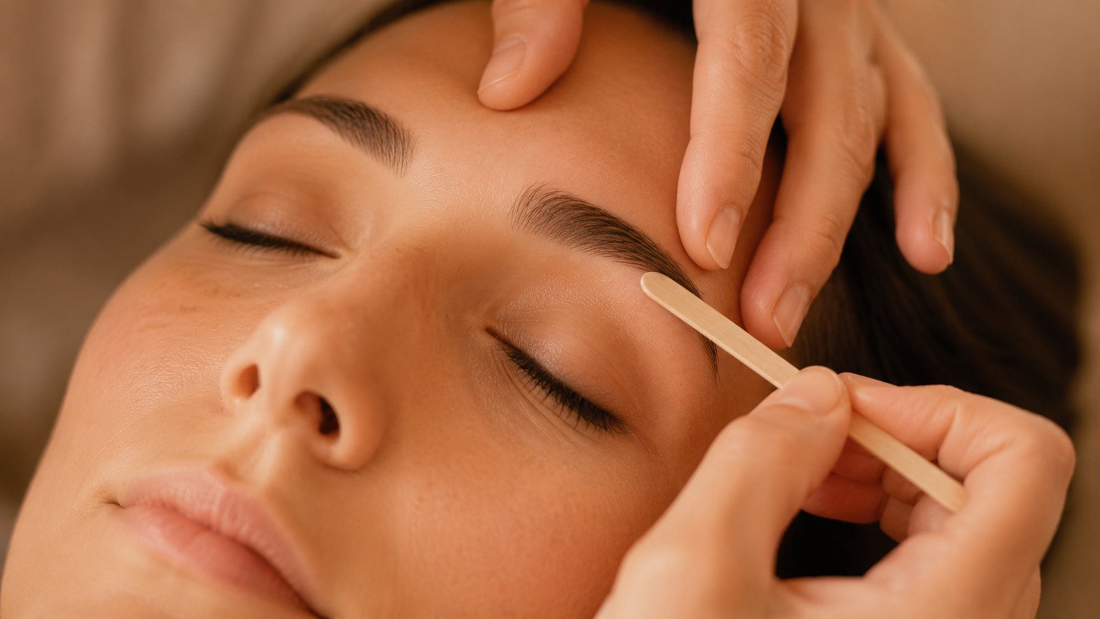 Épilation des sourcils à la cire douce, la peau tendue délicatement entre deux doigts