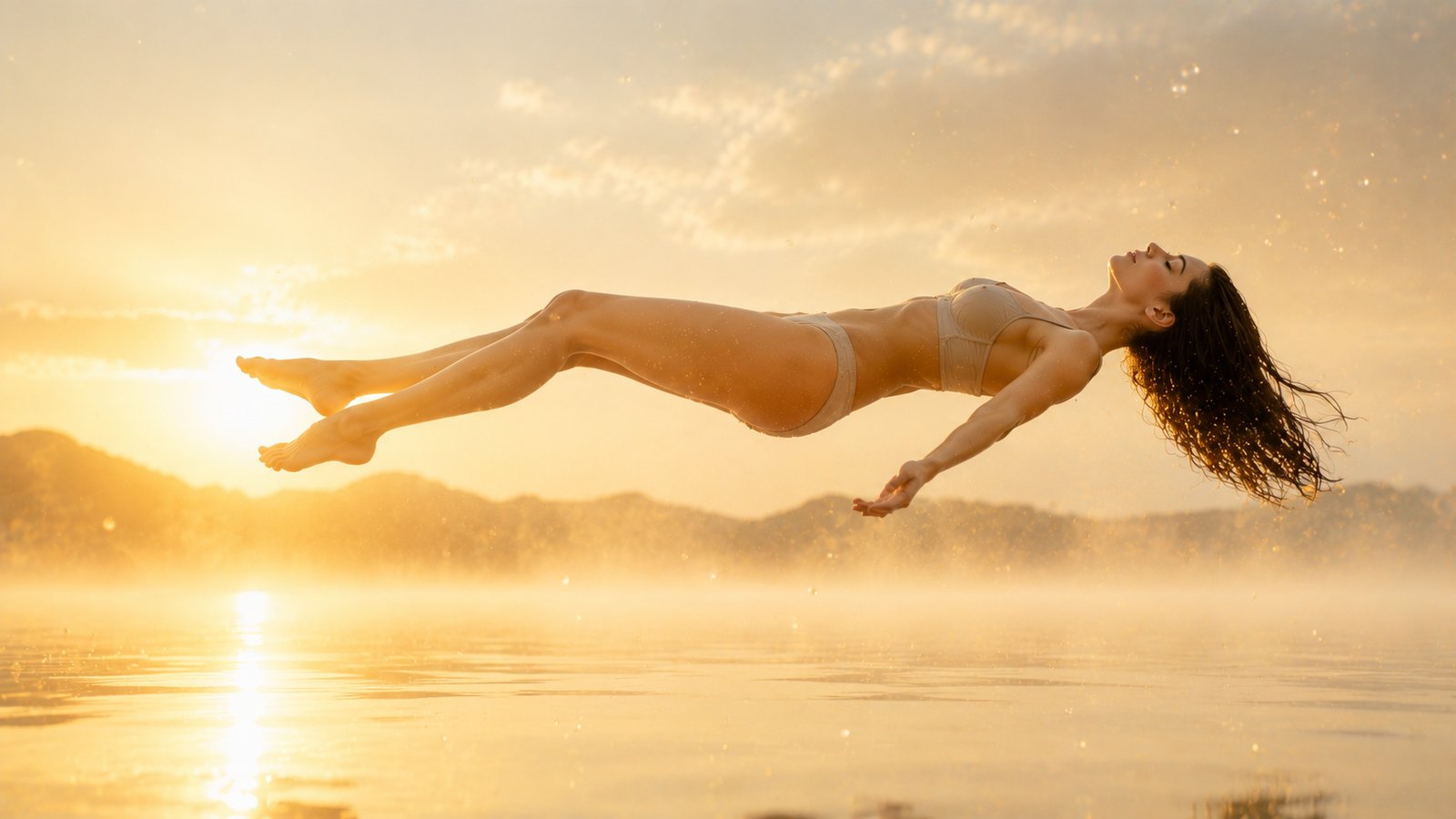 Femme flottant en apesanteur au-dessus d'une eau dorée et calme au coucher du soleil — flottaison, institut Coeuroline La Seyne-sur-Mer