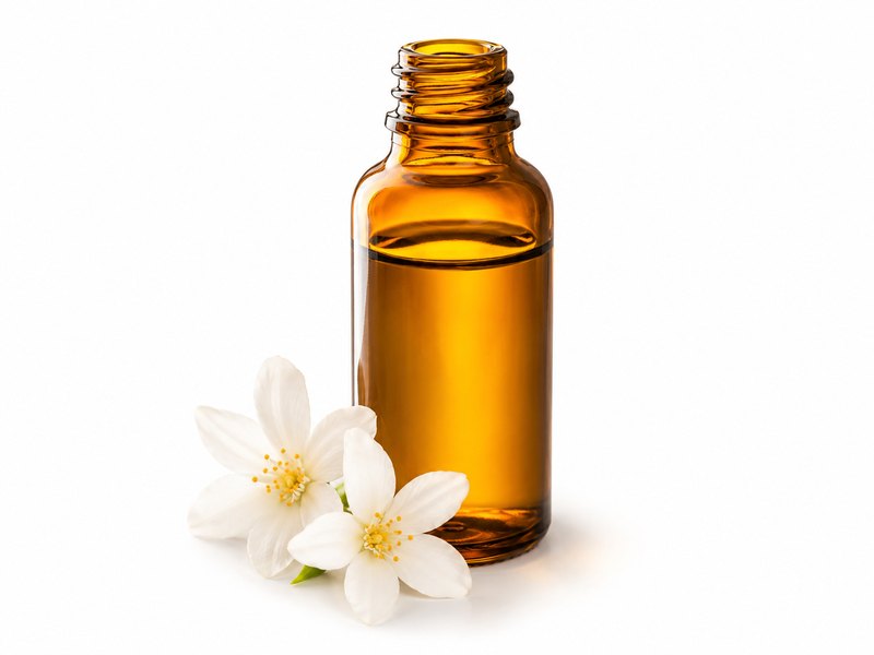 Fiole d'huile capillaire ambrée et fleurs de jasmin