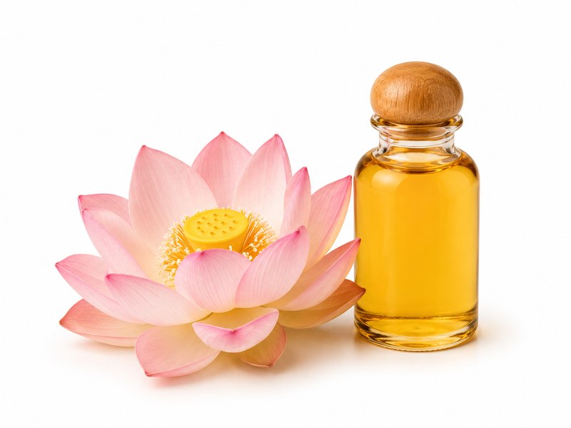Fleur de lotus rose et flacon d'huile de massage