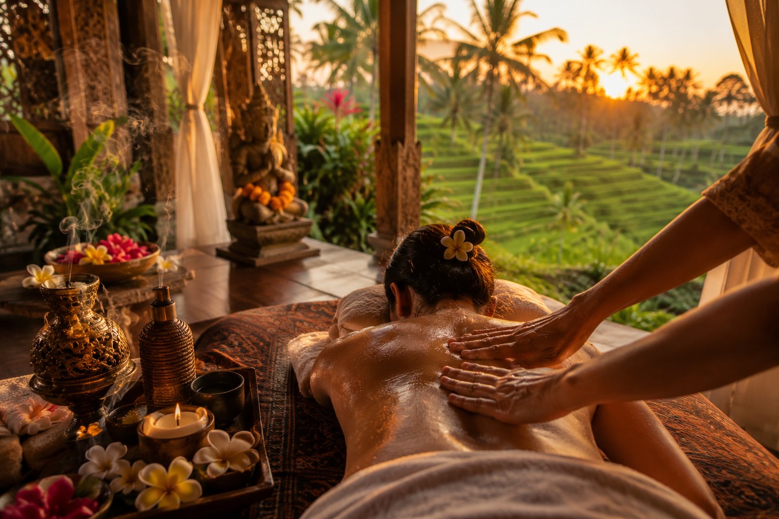 Massage balinais devant les rizières en terrasses de Bali au lever du jour — institut Coeuroline La Seyne-sur-Mer