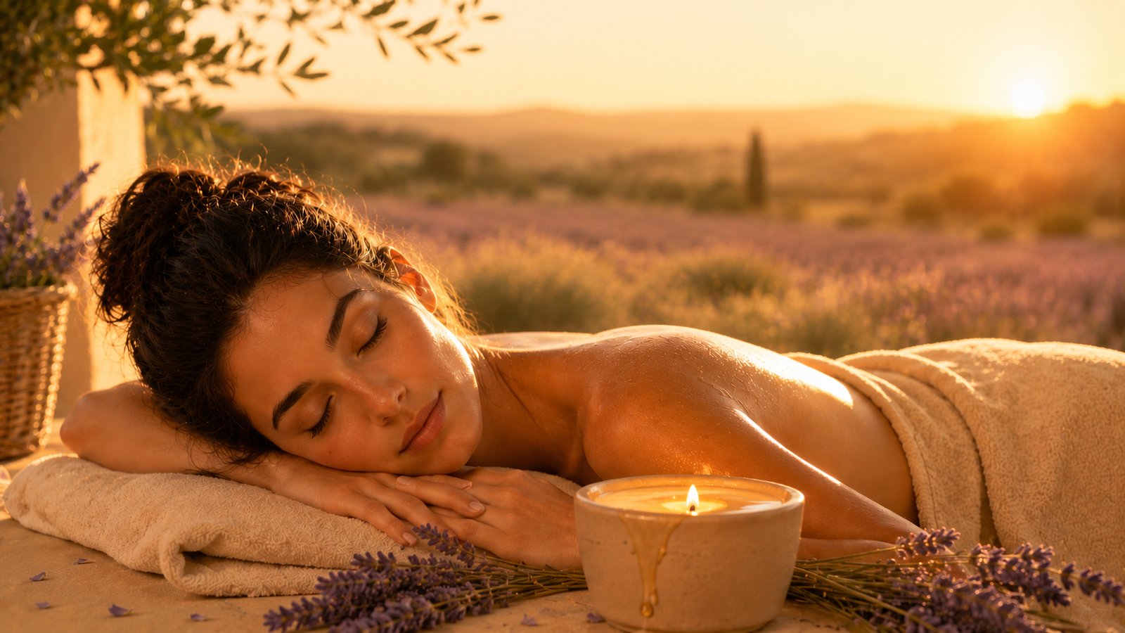 Femme détendue près d'une bougie de massage fondue, champ de lavande doré de Provence — institut Coeuroline La Seyne-sur-Mer