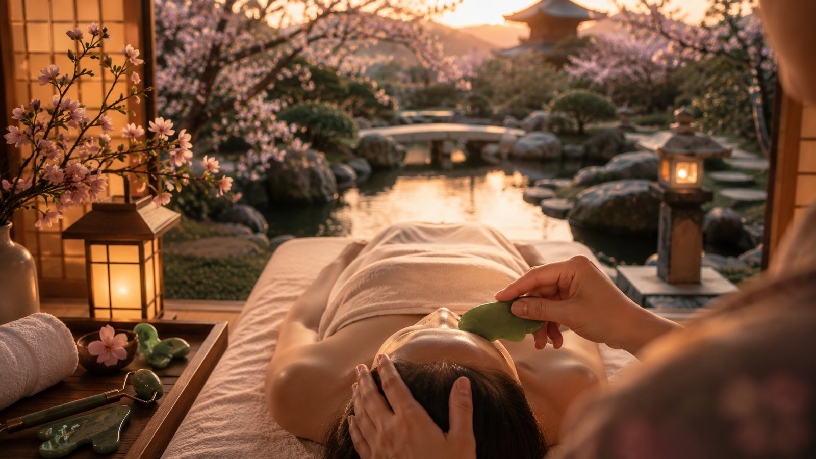 Soin du visage au gua-sha de jade sous les cerisiers en fleurs d'un jardin japonais — institut Coeuroline La Seyne-sur-Mer