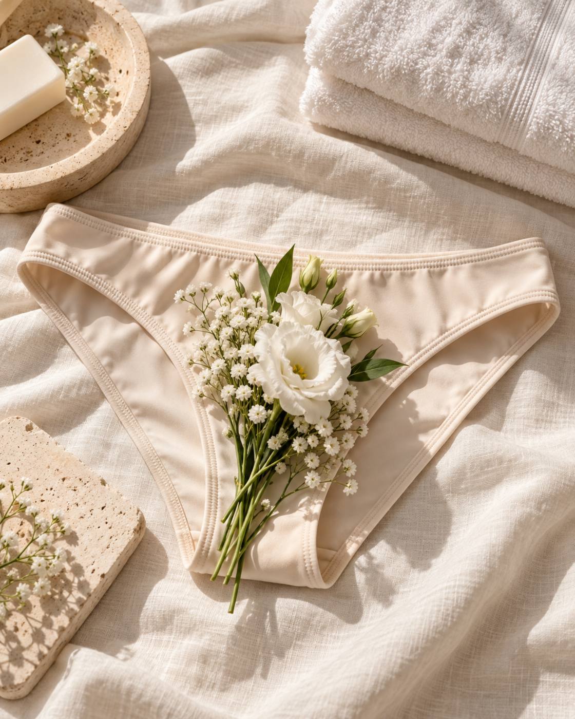 Culotte couleur chair et fleurs blanches posées sur du linge